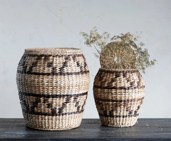 Hand-Woven Rattan and Abaca Baskets with Lids