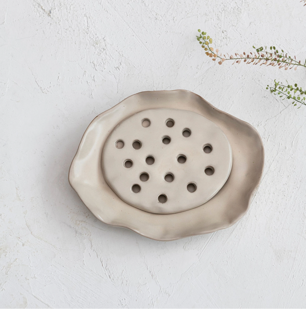 Beige Stoneware Soap Dish with Removable Tray
