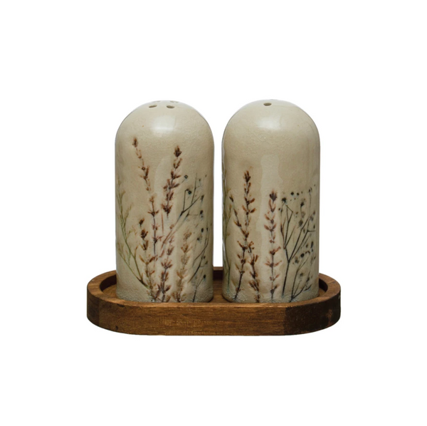 Stoneware Floral Salt &amp; Pepper Shakers w/ Wood Tray