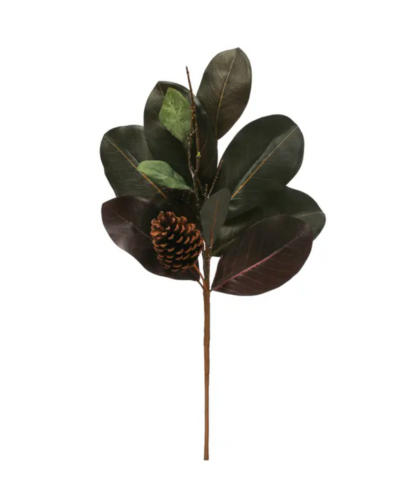 20"H Faux Magnolia Leaf Pick with Natural Pinecones