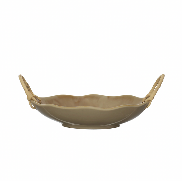 Stoneware Bowl with Rattan Handles
