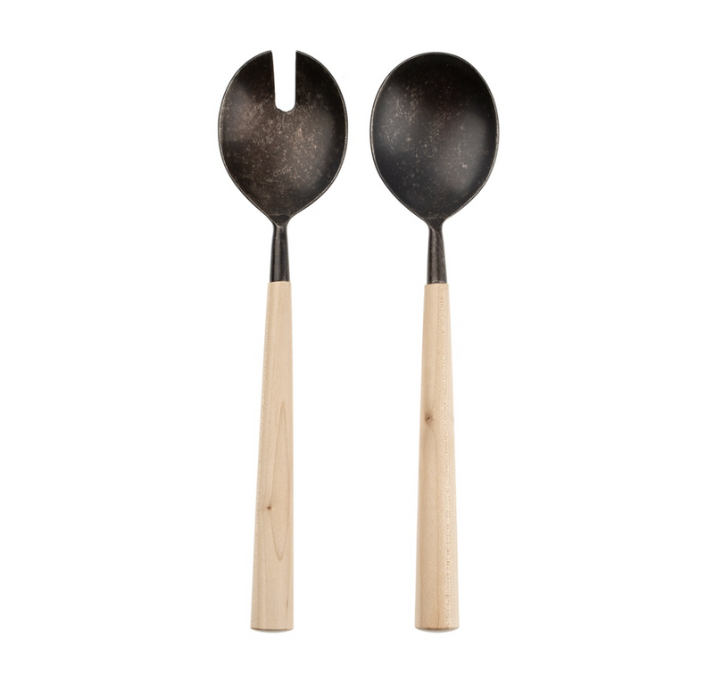 Maple Wood Salad Servers Set of Two, Tumbled Black