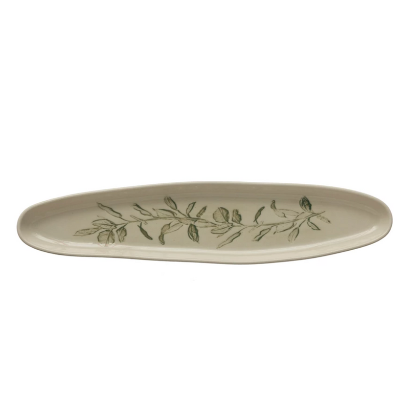 Oval Debossed Stoneware Tray with Botanical Print