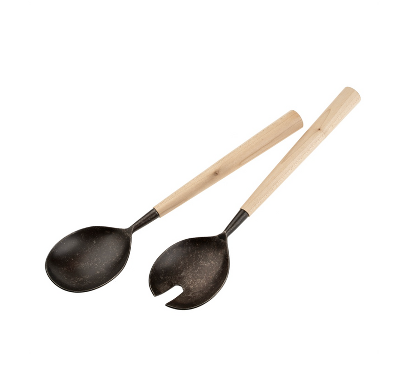 Maple Wood Salad Servers Set of Two, Tumbled Black