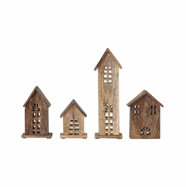 Carved Mango Wood Houses, Set Of 4