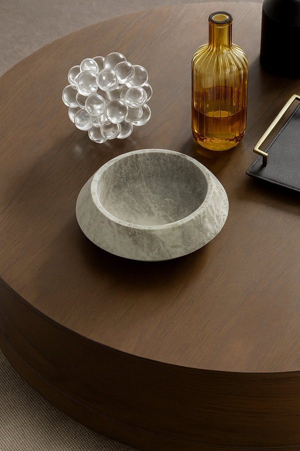 Hand-Carved Silver Travertine Bowl