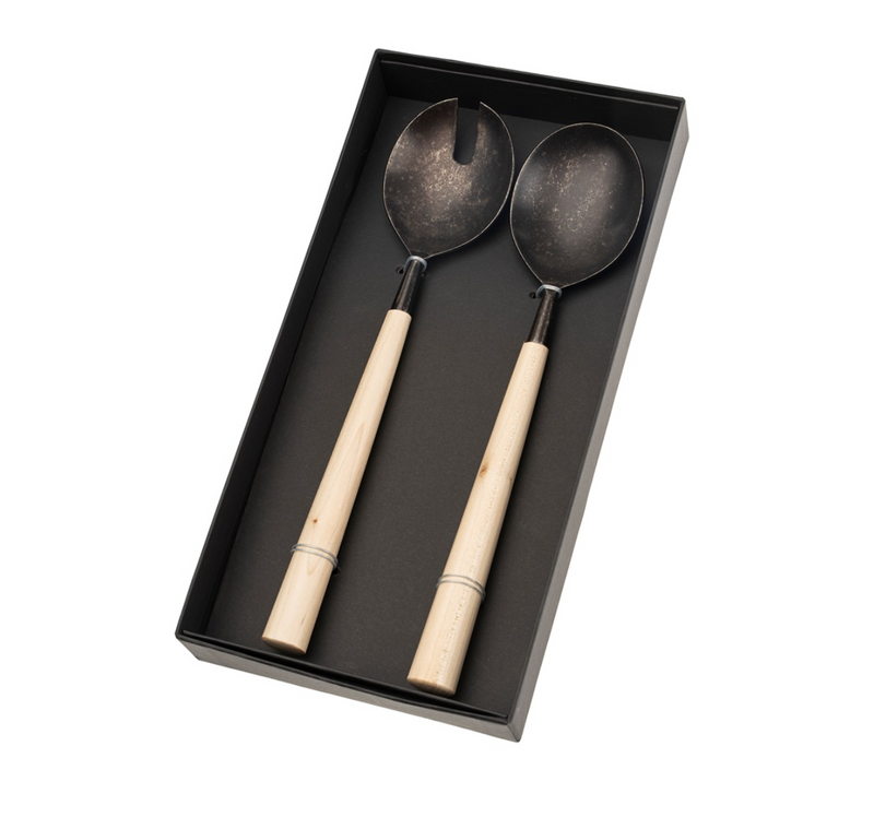 Maple Wood Salad Servers Set of Two, Tumbled Black