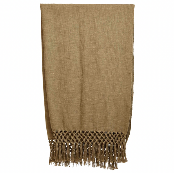 Woven Cotton Throw with Crochet and Fringe - Olive