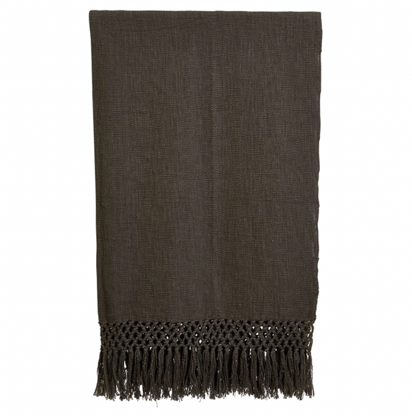 Woven Cotton Throw with Crochet and Fringe - Charcoal