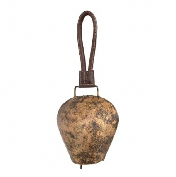 Distressed Metal Bell with Leather Hanger - Large