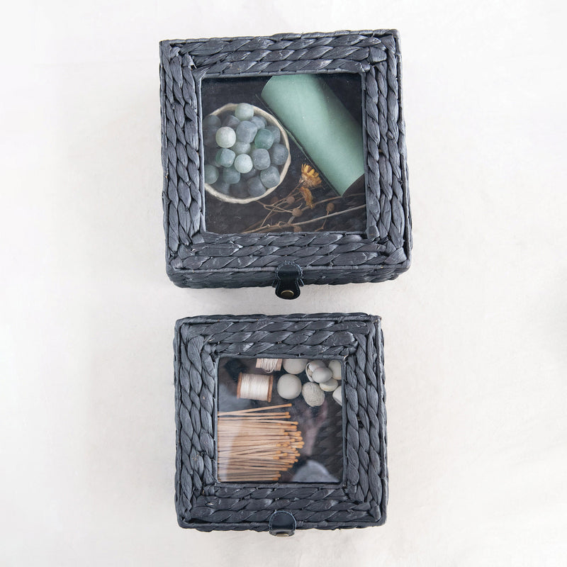Hand Woven Seagrass and Glass Display Box Set