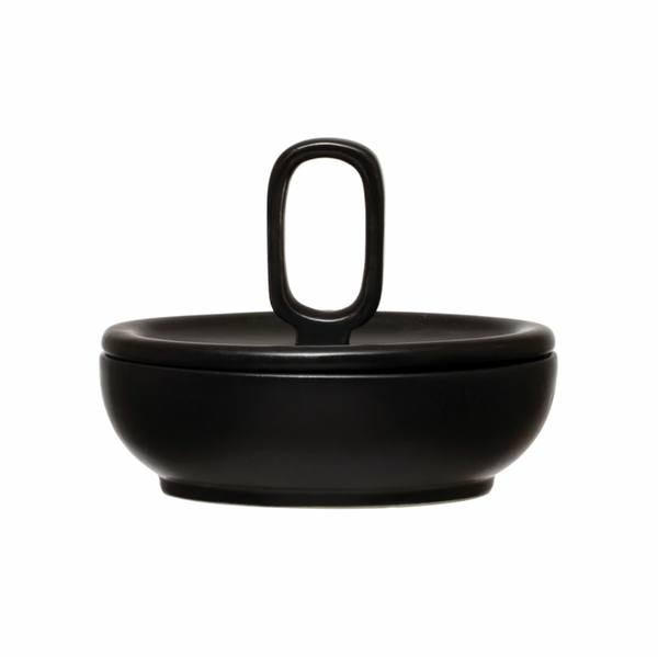 Round Stoneware Container with Lid, Matte Black