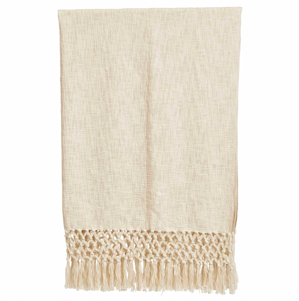 Woven Cotton Throw with Crochet and Fringe - Cream