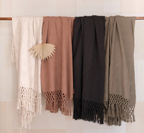 Woven Cotton Throw with Crochet and Fringe - Charcoal